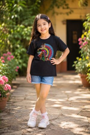 Girls Premium Black Graphic Cotton T-Shirt