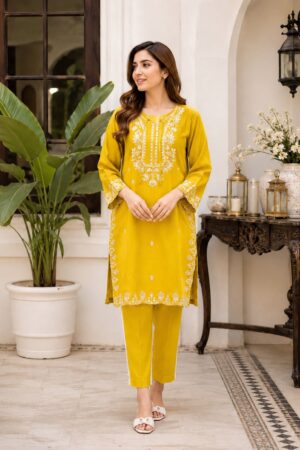 Women's Premium Olive Embroidered 2-Piece Kurta Set