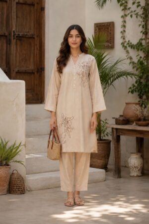 Women's Premium Beige Embroidered Kurta