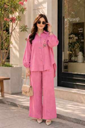Women's Premium Pink Embroidered 2-Piece Co-Ord Set