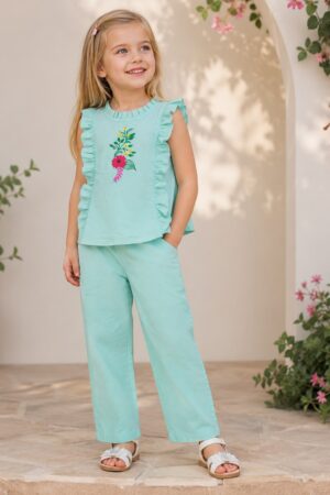 Girls Premium Pink Floral Embroidered 2-Piece Co-Ord Set