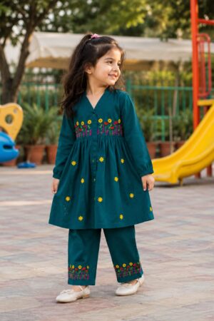 Girls Premium Green Floral Embroidered 2-Piece Co-Ord Set