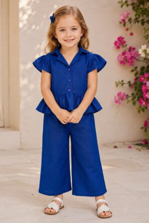 Girls Premium Blue Floral Embroidered 2-Piece Co-Ord Set
