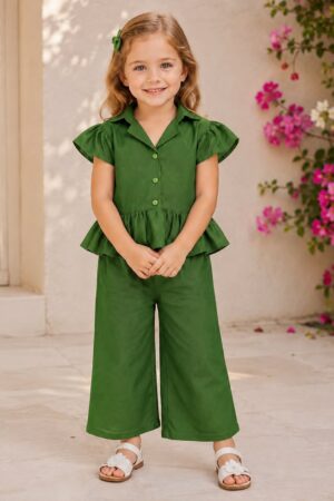 Girls Premium 2-Piece Co-Ord Set – Button Down Peplum Shirt & Wide Leg Pants